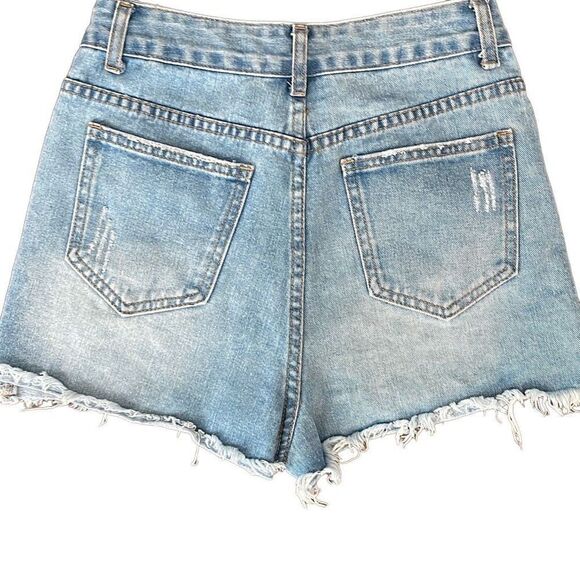 SHEIN High Waisted Denim Shorts with Frayed Hem Distressed Light Rinse Size XS - Picture 2 of 7
